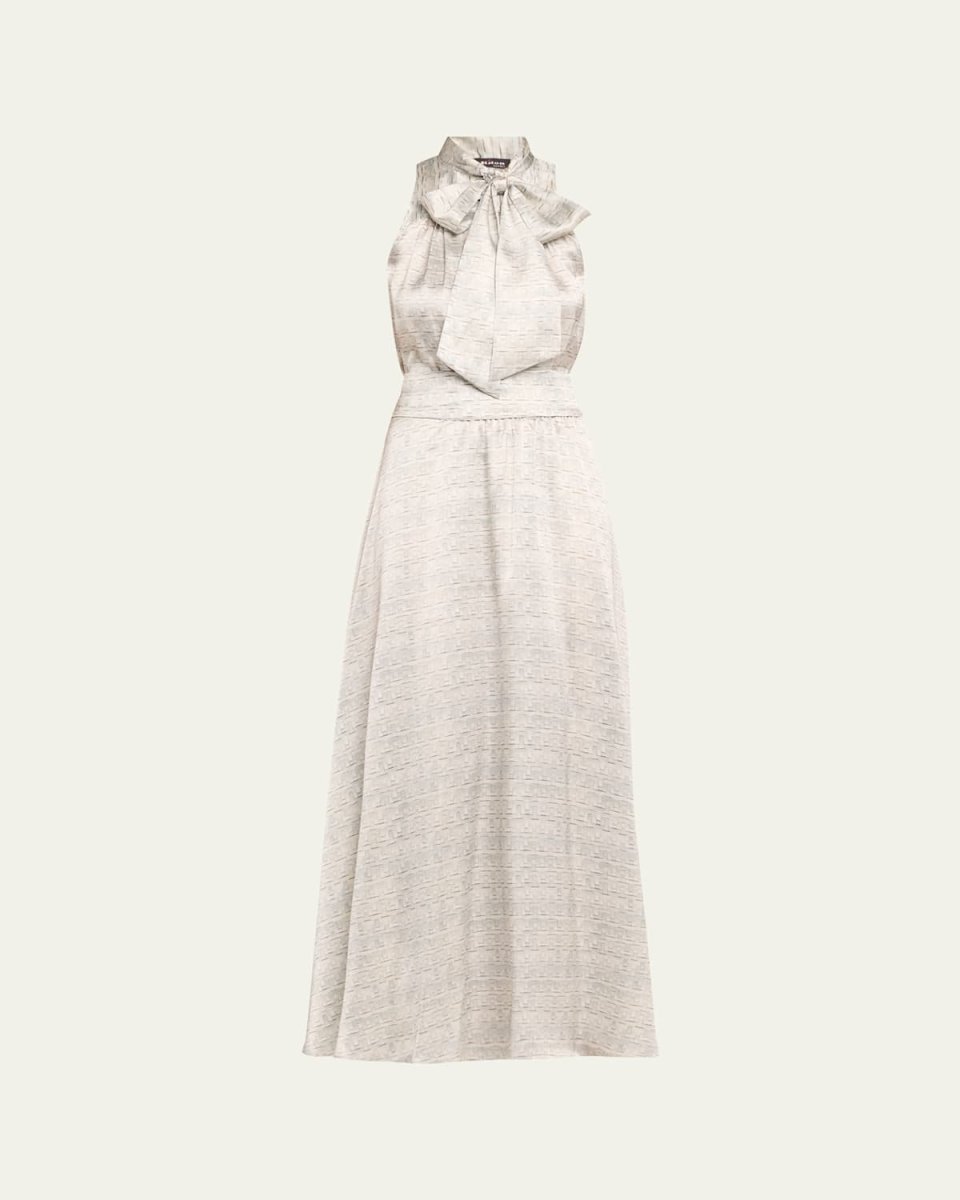 Long Printed Silk Sleeveless Dress with Scarf